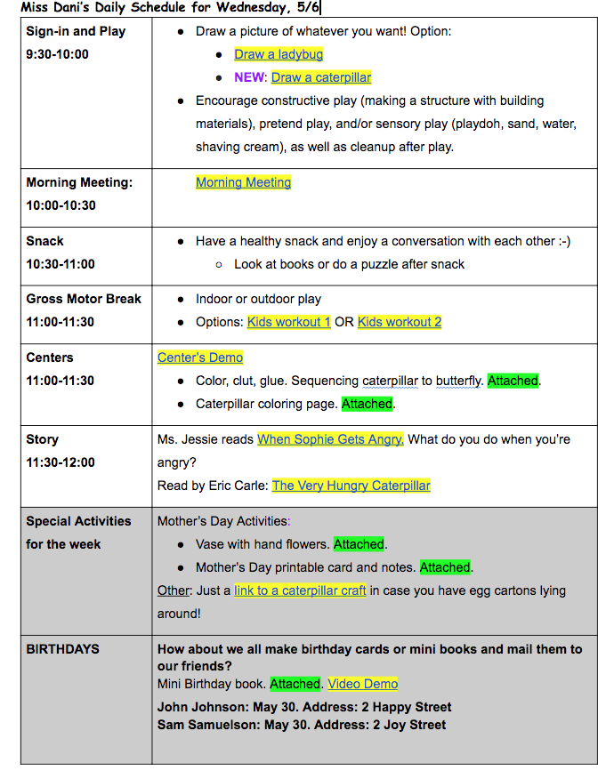 Remote teaching preschool Schedule