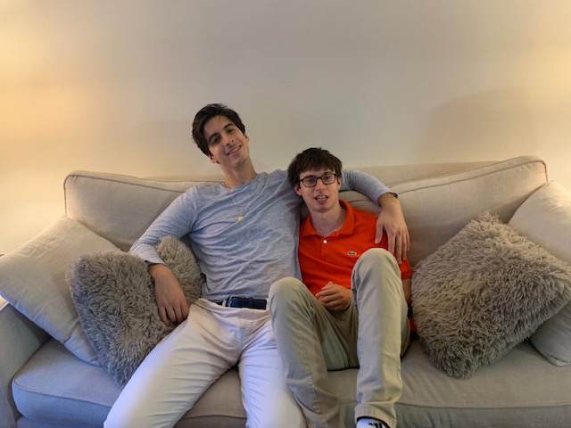 Brothers sitting on sofa