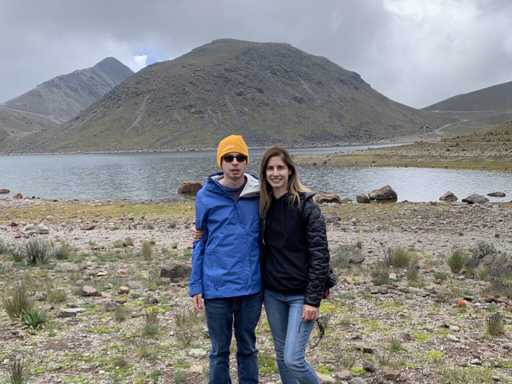 Mother and son with mountain backdrop