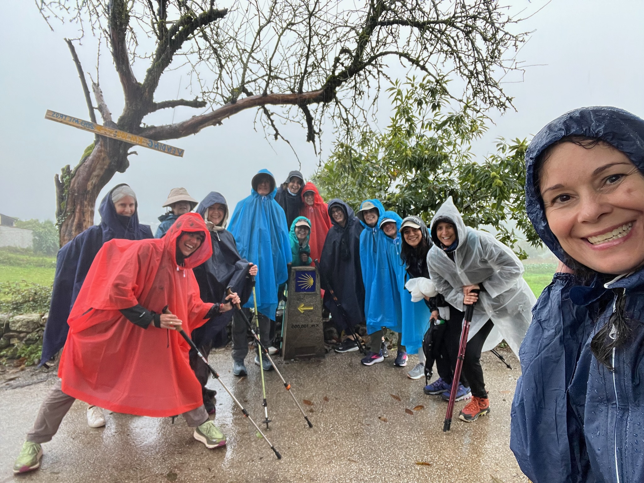 14 women hiking wearing rain ponchos