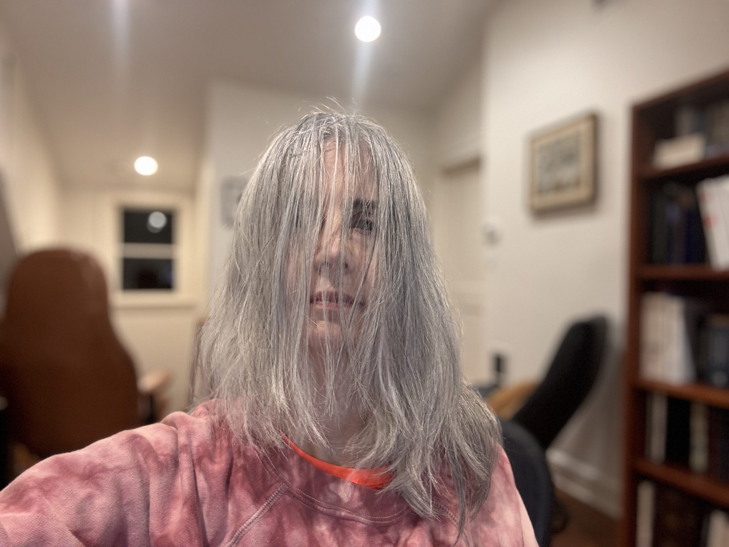 woman with all her gray hair covering her face